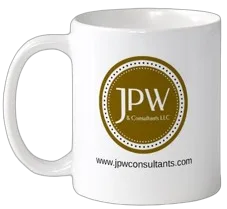JPW &amp; Consultants branded mug with the agency website address